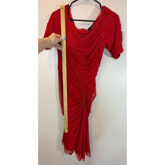 Tadashi Shoji Red Asymmetrical Ruched Mesh Draped Dress Women's XS - Picture 5 of 10